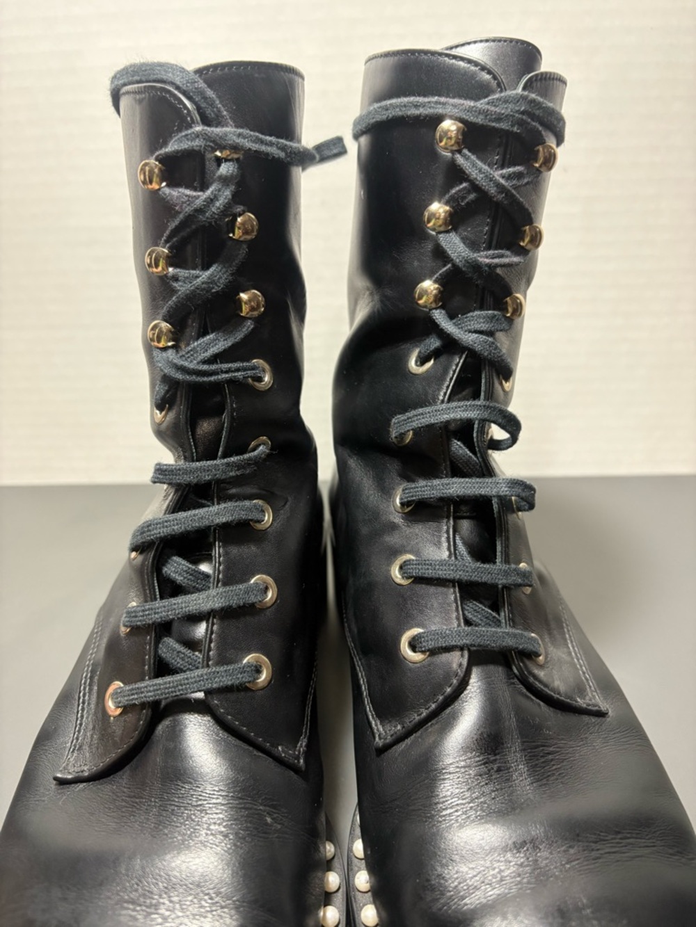STUART WEITZMAN Sondra Black Leather Pearl-Trim Lace-Up Combat Boot - Picture 4 of 10